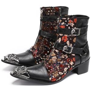 ZZveZZ Zwarte Metalen Puntige Leren Herenschoenen Met Ritssluiting, Korte Laarzen Met Verhoogde Hoogte (Color : Black 1, Size : 42 EU)