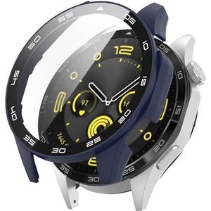 GIOPUEY Hoesje compatibel met Huawei Watch GT 4 46 mm, glazen beschermfolie + harde plastic rand, Huawei Watch GT 4 46 mm hoesje - blauw