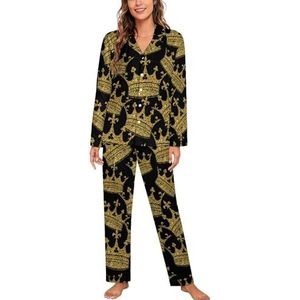 Gouden Kroon Pyjama Sets Met Lange Mouwen Voor Vrouwen Klassieke Nachtkleding Nachtkleding Zachte Pjs Lounge Sets