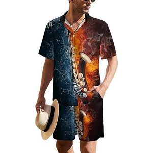 Saxofoon in vuur en water Hawaïaans pak voor heren, set van 2 stuks, strandoutfit, shirt en korte broek, bijpassende set