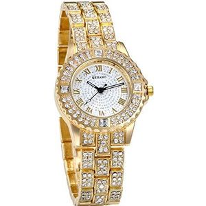 JewelryWe Vrouwen Horloges Goud Tone Legering Quartz Horloge Stijlvolle Strass Bling Jurk Horloge Polshorloges voor Kerstmis, Goud, Quartz Horloge
