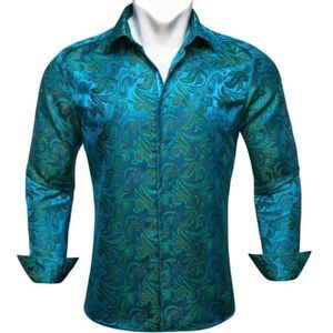 SDFGH Heren Zijde Lange Mouw Blauw Groen Paisley Geborduurde Slim Fit Mannelijke Blouses Casual Ademende Tops (Color : D, Size : Medium)