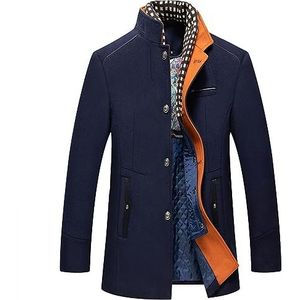 Heren Wintererwtenjas Effen Wollen Jas Met Enkele Rij Knopen Afneembare Sjaal Stijlvolle Casual Blazer (Color : Navy, Size : Men-L)