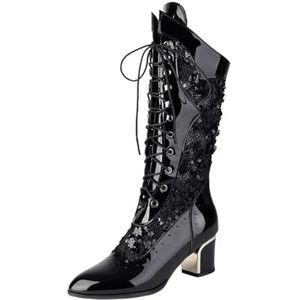 Enkellaarsjes Van PU-lakleer For Dames 2025 Veterlaarzen Met Pailletten Elegante Ankle Boots Met Blokhak Mode Puntige Laarsjes 5,5 Cm Hoge Hakken Feestavond Schoenen(Black,43 EU)