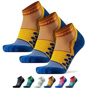 Thirty48 Performance Compression Low Cut hardloopsokken voor dames en heren | Meer compressie waar nodig, [3 paar] Mosterd/Navy, Large