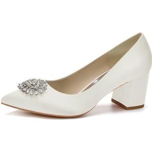 HFWXYSA Dames Bruids Trouwschoenen Chunky Blok Hak Jurk Pompen Satijn Kristal Gesloten Teen Bruidsmeisje Schoenen,ivoor,35 EU