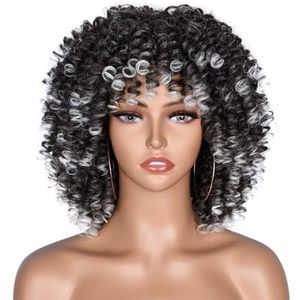 Afro krullende pruiken met pony voor zwarte vrouwen, synthetische pruiken, natuurlijk haar, bruin, gemengd paars, cosplay-pruik