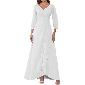 HPPEE Dames lange mouwen moeder van de bruid jurken ruches geplooide chiffon formele jurk avond party jurk, Wit, 32