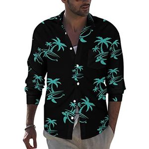 Hawaiiaanse palmboom en zeeschildpad heren button-down shirt met lange mouwen casual strandtops met zak normale pasvorm
