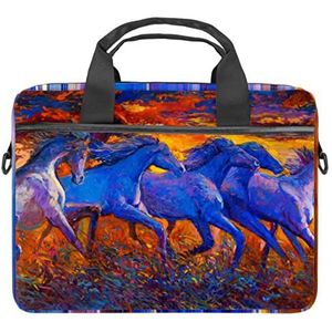 Japan Sushi Blauw Laptop Schouder Messenger Bag Crossbody Aktetas Messenger Sleeve voor 13 13.3 14.5 Inch Laptop Tablet Beschermen Tote Bag Case, Paarden Running Olieverfschilderij, 11x14.5x1.2in /28x36.8x3 cm