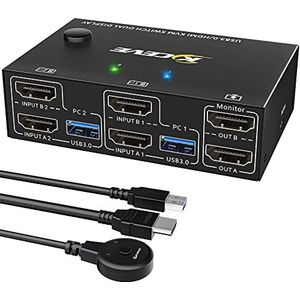 YOUTINGHDAV USB 3.0 HDMI KVM-switch 2 PC 2-monitor, Simulatie-EDID, 4K @60Hz uitgebreid scherm, HDMI 2.0, KVM-switch met twee monitoren, 2 PC Share draadloos toetsenbord, muis, printer, met bekabelde afstandsbediening en 4 kabels