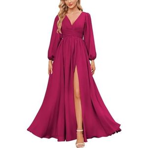 KURFACE Bruidsmeisjesjurken met lange mouwen en split geplooide chiffon formele jurk met mouwen formele jurk, Fuchsia, 32