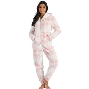 Undercover Dames Zachte Fleece Hooded All In One Zip Up Onesie, Print roze ruit, XL
