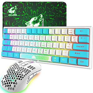 K61 UK Layout RGB 60% Gaming Toetsenbord Muis Set Bedraad 62 Toetsen Mini Draagbaar Toetsenbord 7 RGB LED Backlit 19 toetsen Anti-ghosting + 2400 DPI Ultralight Gaming Muis + Muismat -Wit Gemengd