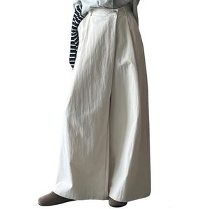 Dames Asymmetrische Sluiting Palazzo Broek Casual Hoge Taille Wijde Pijpen Flowy Kantoorbroek met Zakken,Wit,L