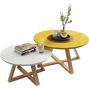 Moderne woonkamer salontafel nesttafel set van 2, hout creatieve nesten salontafel, ronde moderne accent bank bijzettafels, voor kleine ruimtes woonkamer slaapkamer kantoor (kleur: geel+wit,