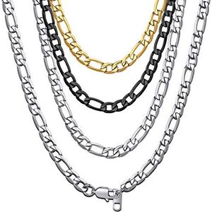 ChainsHouse Figaro-ketting, 4/6/9/13 mm, modieuze halsketting van roestvrij staal, zilver/18k verguld/zwart, coole halsketting (35,5 - 30 inch) voor model/hip pop rapper/dames en heren