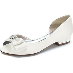 Vrouwen Satijnen Strass Trouwschoenen voor Bruid Peep Toe Bruidsschoenen Slip On Formele Party Dress Flats,ivoor,36 EU