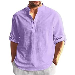 Linnen Overhemd Opstaande Kraag Stijlvol Linnen Herenoverhemd Basisoverhemd T-shirt Lange Mouw Licht Ademend Zomeroverhemd Casual Buttondownoverhemd Met Knopen heren t-shirt (Color : Purple, Size :