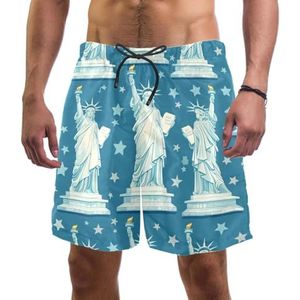 PAFEFO Nieuwigheid boardshorts voor heren, strandvakantie, feest, sneldrogende badpakken met blauwe sterren en vrijheidsbeeld ontwerpen, Vrijheidsbeeld Blauwe Sterren, L