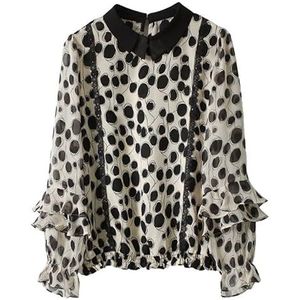 ROUZIHU Franse pullover kant ruche stiksels bedrukt shirt met lange mouwen dames losse onderkant shirt(XXL)