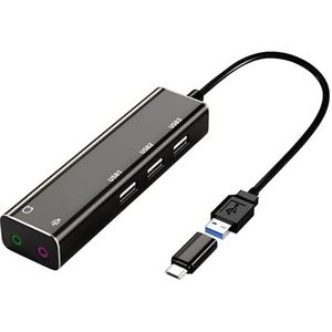 Kinetxiaxia USB 2.1 externe geluidskaart hub voor laptops en pc's - USB stereo audio-adapter met stekker, compatibel met Windows, Mac, Plug and Play (ferro)