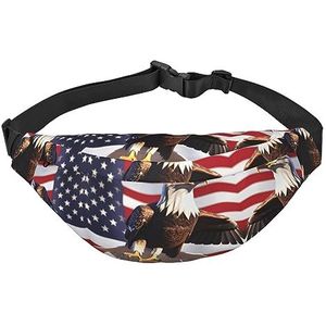 Waterdichte polyester heuptas met - lichtgewicht en duurzame crossbody-tas voor mannen en vrouwen vogel in paarse lavendel bloemen, Bald Eagle met Amerikaanse vlag, Eén maat