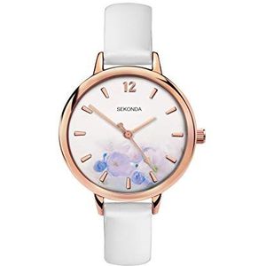 Sekonda Vrouwen analoog quartz horloge met 35mm legering case, analoge display en PU band, Witte riem/witte bloemen wijzerplaat, Riem