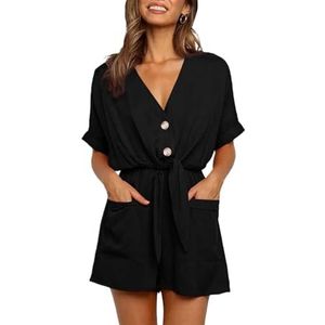 Jumpsuits Voor Vrouwen Zomer Casual Vrouwen Jumpsuits Effen Kleur Romper Dames Knopen Zakken Casual Bodysuit Tie Up Korte Mouwen V-hals Playsuit Overalls, Zwart, XL
