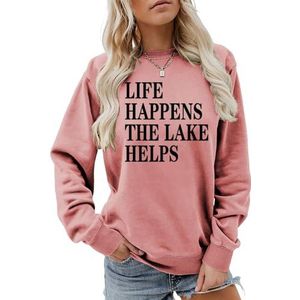 MLZHAN Life Happens The Lake helpt afdrukken vrouwen sweatshirt lange mouw mode sweatshirts ademende losse pasvorm truien, Roségoud, L