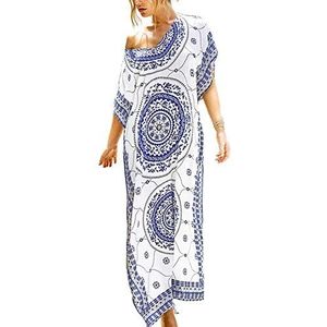 LikeJump Kaftan voor dames, katoen, print, kimono, bedekkende losse strandjurk, maxi-jurk, Wit Blauw, Eén maat