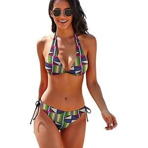 Doek Kente Tribal Print Dames 2-delige Bikini Set Driehoek Badmode Halter String Badpakken met Tie Side XS