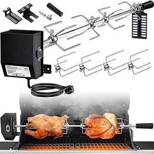 KESSER® Roestvrijstalen grillspies, 107 cm, geschikt voor Weber Spirit, gasbarbecue met 4 vleespennen, BBQ vleesklemmen, handvat en motor, elektrische draaispit, 220 V - 240 V, zwart