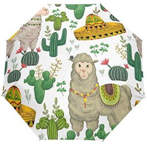 BIGJOKE Vouwen Auto Open Sluit Paraplu Leuke Alpaca Cactus Winddicht Reizen Lichtgewicht Anti-UV Beschermende Regen Paraplu Compact voor Jongens Meisje Mannen Vrouwen