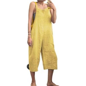 BANGHA Jumpsuits Voor Vrouwen Zomer Casual Effen Kleur Vrouwen Losse Katoen Linnen Jumpsuit Mouwloze Harem Overalls Jumpsuits Losse Vintage Broek Femme Kleding, Geel, 3XL
