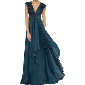 Dames chiffon moeder van de bruid jurk plooien Avond Prom jurken Cocktail Jurken Plus Size, Blauwgroen, 32