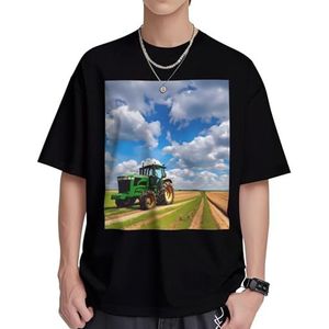 Tractor Under Blue Sky and White Clouds Print Dames Katoenen T-shirts Casual Korte Mouw Tuniek Tops Ronde hals Zomer Basic Loose Fit Tee, Zwart, S