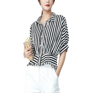Dames elegante kantoor turndown kraag gestreepte chiffon blouses vrouwen zomer kleding mode knopen shirts, Zwart, 3XL