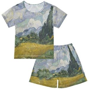 YOUJUNER Kinderpyjama-set van Gogh Tarweveld T-shirt met korte mouwen, zomernachtkleding, pyjama's, loungewear, nachtkleding voor jongens, meisjes, kinderen, Meerkleurig, 12 jaar