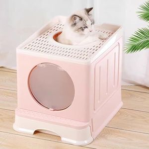 MINGYI Kattenbakvulling, gesloten, groot, opvouwbaar, met deksel, kattenbakvulling met schep, toilet voor katten, tot 7 kg (roze, L 45 x 34 x 39 cm)