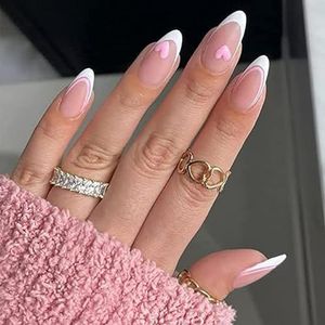 Valentine's Day False Nails Pink Heart Press on Nails Almond Stick on Nails French Short Fake Nails 24pcs for Women and Girls(White,24 Count (Pack of 1))