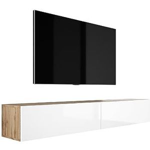 3E 3xE living.com Hangende tv-kast (Breedte: 2 x 100 cm. Hoogte: 34 cm. Diepte: 32 cm) lowboard, tv-kast, Wotan eiken en wit hoogglans.