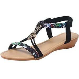 PAIDAXING Vrouwen Wedge Schoenen Platte Kralen Sandalen Strand Sandalen Thong Platte Strand Slippers Sandalen Dames Sandalen, Zwart, 38.5 EU