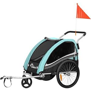 SAMAX 360° zwenkbare Fietskar/Aanhangwagen 2in1 en Buggy Geveerde Transportkar Kinderfietskar voor 2 kinderen - in Turkoois - Black Edition