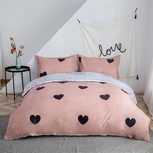 Morbuy Roze dekbedovertrekset met hartjes, eenpersoonsbeddengoedset, 3 stuks, zachte comfortabele microvezel, liefde & streeppatroon, omkeerbaar, ritssluiting, 2 kussenslopen