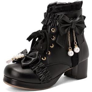 Student Zoete Enkellaarzen Met Strik + Parels Dames Platform Blokhak Veterlaarzen Herfst Winter PU-leer Korte Laarzen Lolita Cosplay Enkellaarsjes Elegante Enkelschoenen for Feest(Black,40 EU)