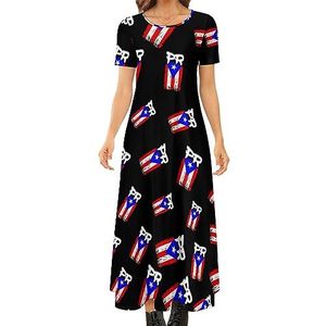 Puerto Rico pr-vlag dames zomer casual korte mouw maxi-jurk ronde hals bedrukte lange jurken 4XL
