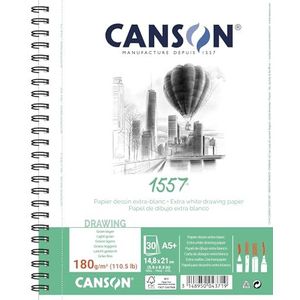 CANSON 1557® Spiraalalbum 30 vellen tekenpapier – lichte korrel – A5+ 180 g/m² – extra wit