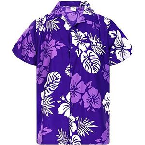 King Kameha Heren strandshirt korte mouwen Casual-Button-Down Hawaii-vakantie, Mono-hibiscus-design-paars-wit, XXL