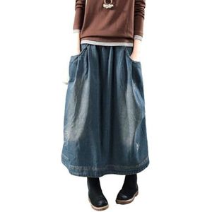 Lange Spijkerrok Voor Dames Elastische Taille Losse Pasvorm Casual A-Lijn Stiksels Met Wijde Pijpen,Blauw,One Size